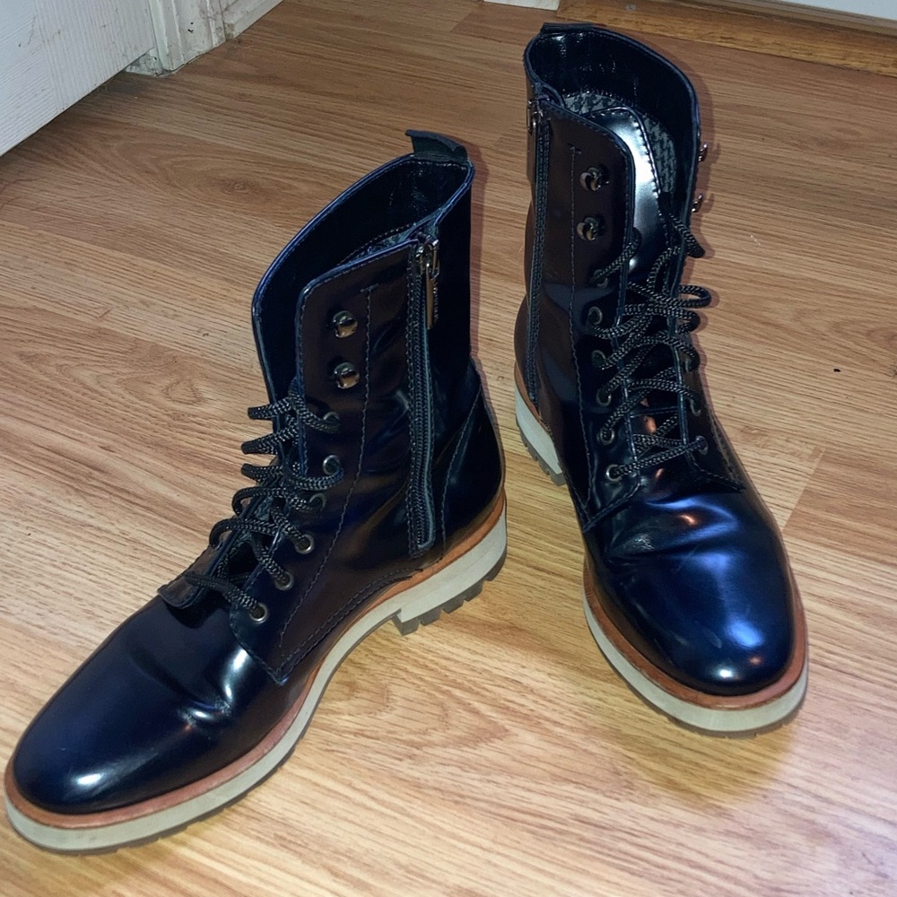Aquatalia Zifa Waterproof Leather Lace Up Side Zip Navy Boots sz 5 1/2 - Picture 4 of 12